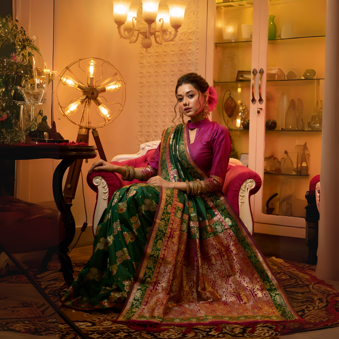 A woman models a luxurious Emerald Green Soft Banarasi Silk Saree. The saree features dense gold Zari weaving and a striking Fuchsia Pink contrast border/edging. She wears a high-neck, long-sleeve magenta blouse and gold jewelry, sitting in an opulent, dramatically lit setting.