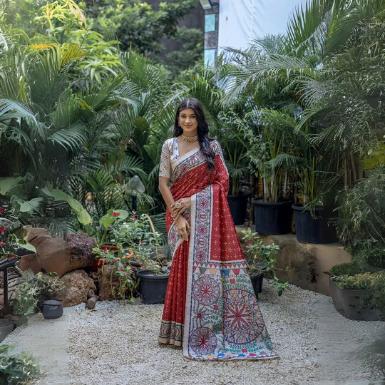 A woman models a vibrant Terracotta Red Tussar Silk Saree with small scattered prints. The pallu features a wide, elaborate panel with intricate Madhubani-style folk art prints in white, red, blue, and green. She wears a cream/gold embellished blouse and a gold Kundan necklace.
