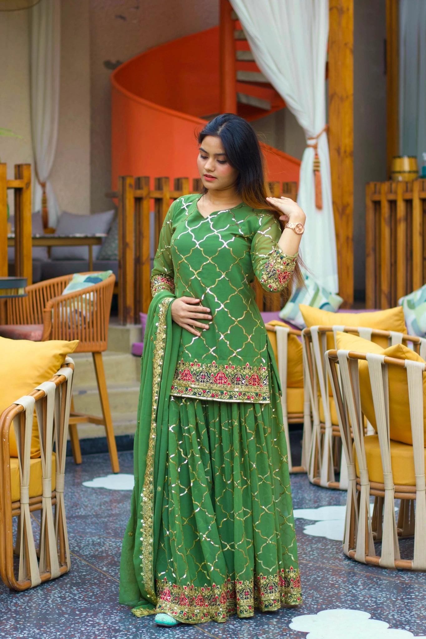 Green Sequins Embroidered Suit Pakistani palazzo front model KU263 Kalyanja