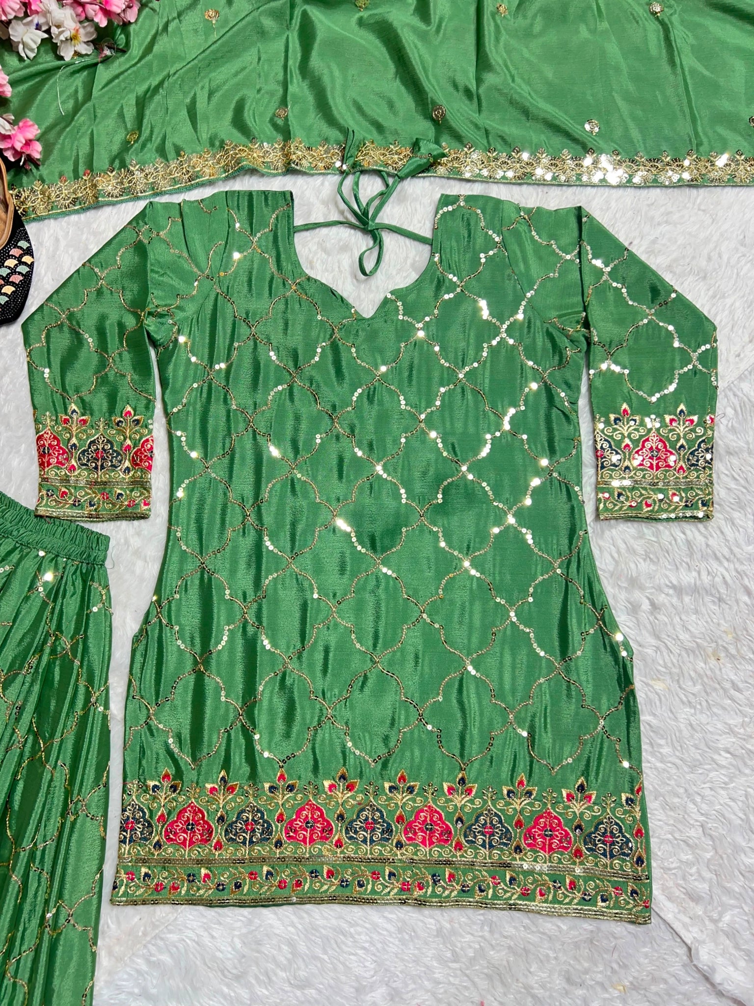 Green Sequins Embroidered Suit flat lay detail sequins jaal KU263 Kalyanja