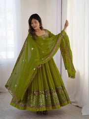 Green Sequins Embroidered Suit three quarter view with dupatta KU264