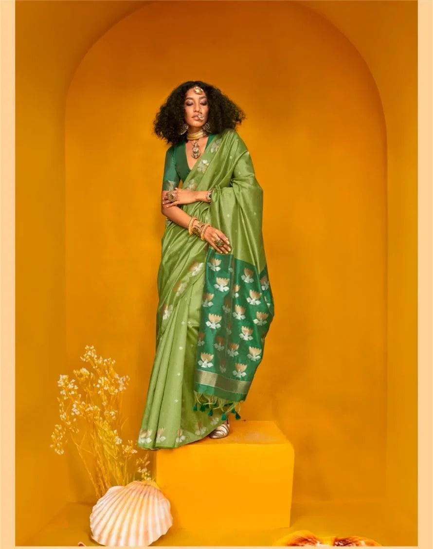 Green Printed Tussar Silk Saree - Kalyanja