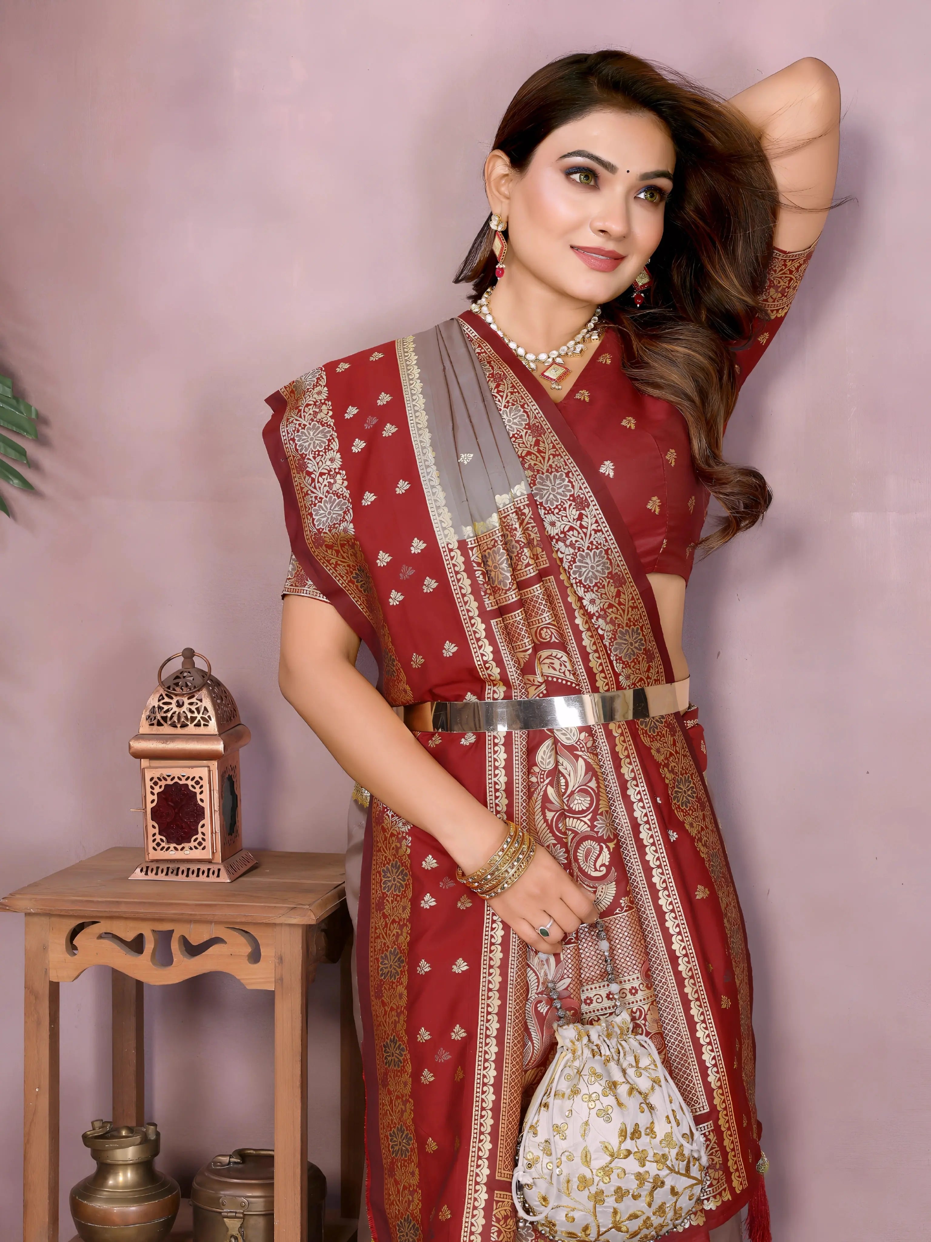 Grey Zari Woven Kalamkari Silk Saree