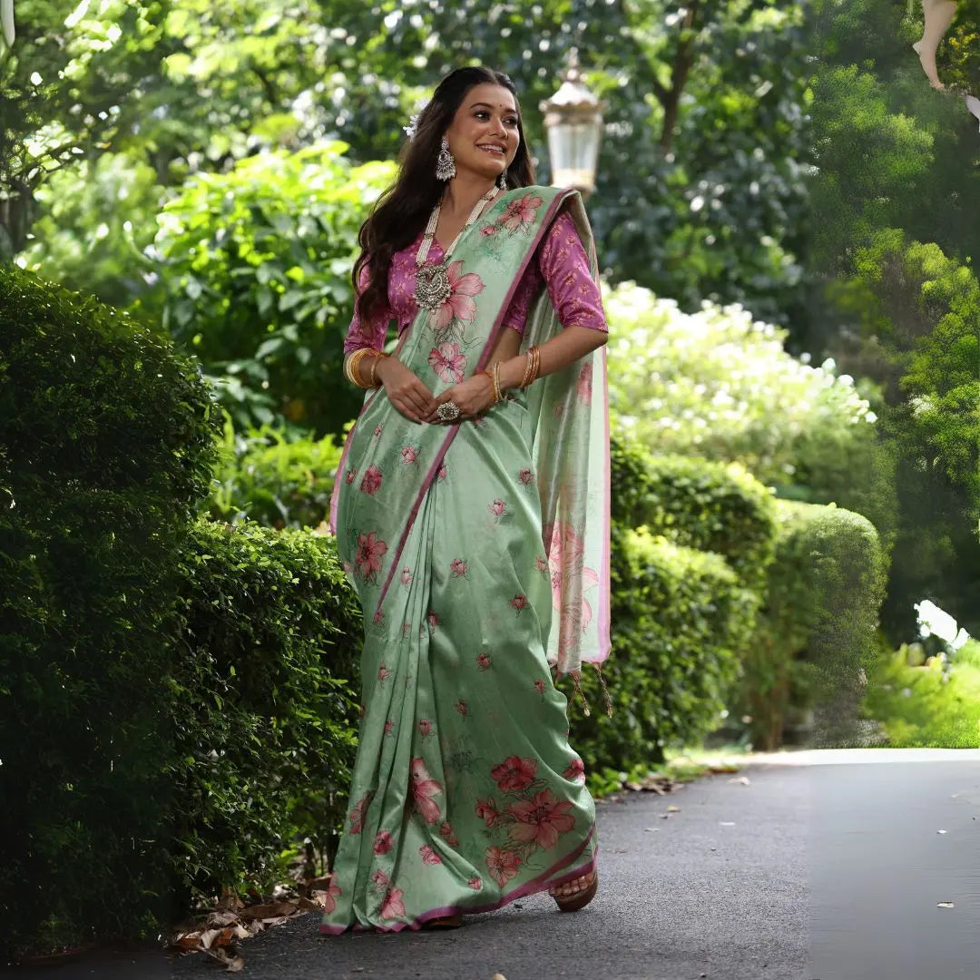 Light Pista Floral Silk Saree