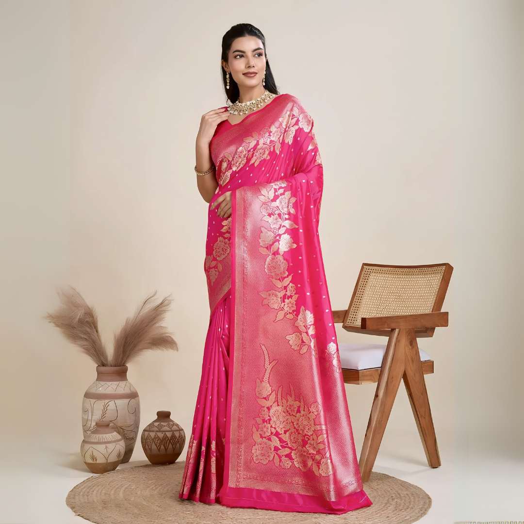 A woman models a luxurious Hot Pink Soft Kanjivaram Silk Saree. The saree features striking large floral and scattered motifs woven in metallic gold Zari on the body and wide pallu. She wears a matching pink sleeveless blouse and accessorizes with a heavy gold Kundan choker necklace and earrings.