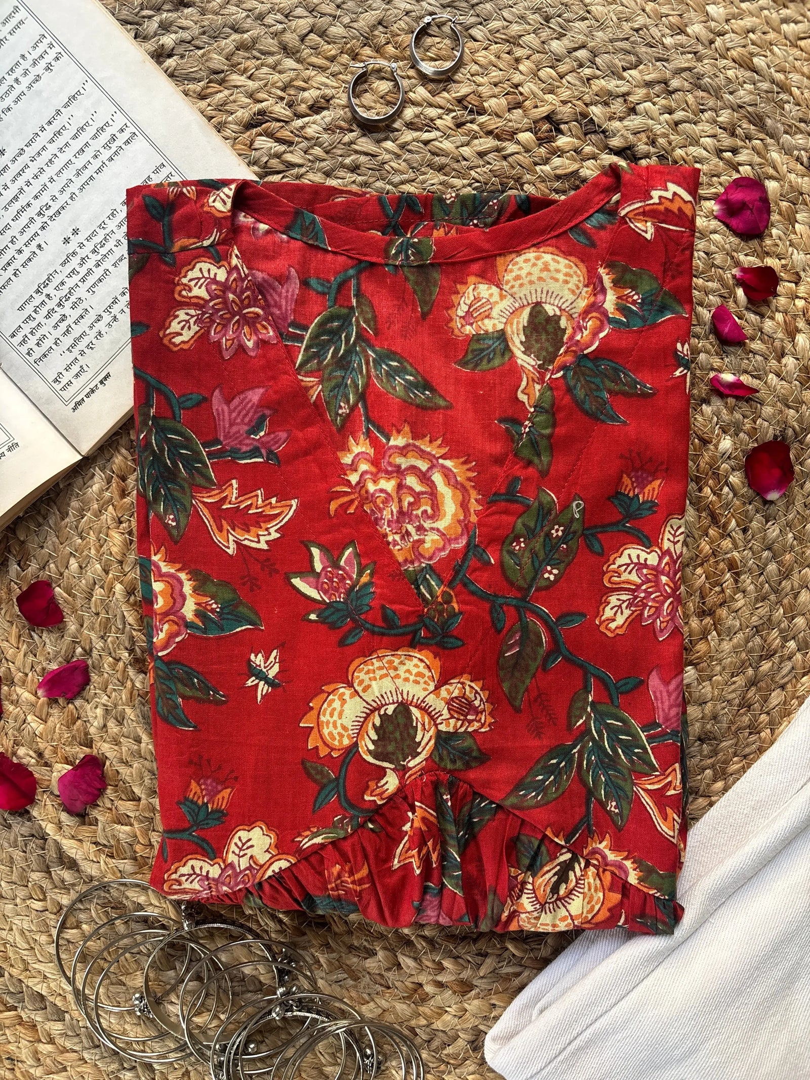 Red floral peplum short kurti – Kalyanja.