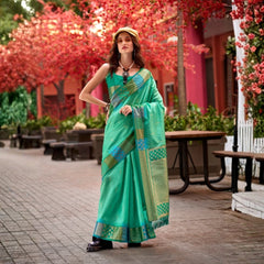 green banarasi silk zari weaving saree - kalyanja