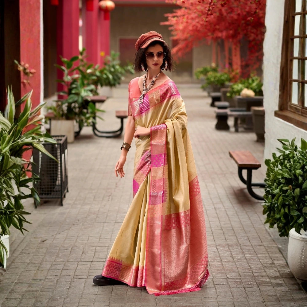 Beige Banarasi Silk Zari Weaving Saree Kalyanja Fashion