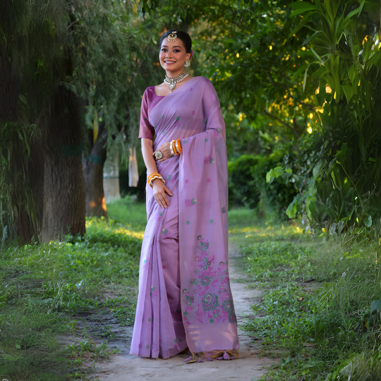 A woman models an elegant light Lavender Soft Muga Cotton Saree with scattered floral Resham weaving. The pallu features an elaborate panel of multi-colored floral weaving/print in green and blue. She wears a contrasting deep maroon blouse, white stone/Kundan jewelry, and vibrant orange and yellow bangles, posing outdoors.