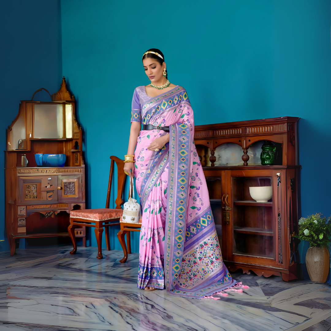 Soft Pink & Lavender Zari Weaving Soft Banarasi Silk Saree