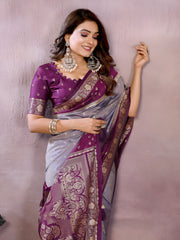 Lavender Zari Woven Kalamkari Silk Saree