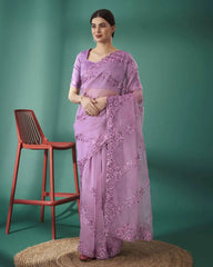 Lavender Sequins Embroidered Saree Front Self-Tone Thread Work | Kalyanja KS358