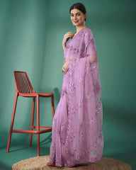 Lavender Thread Cut Work Saree Side Angle Full View | Kalyanja KS358