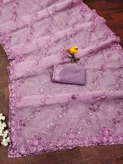 Lavender Sequins Embroidered Saree Flat Lay with Blouse Piece | Kalyanja KS358
