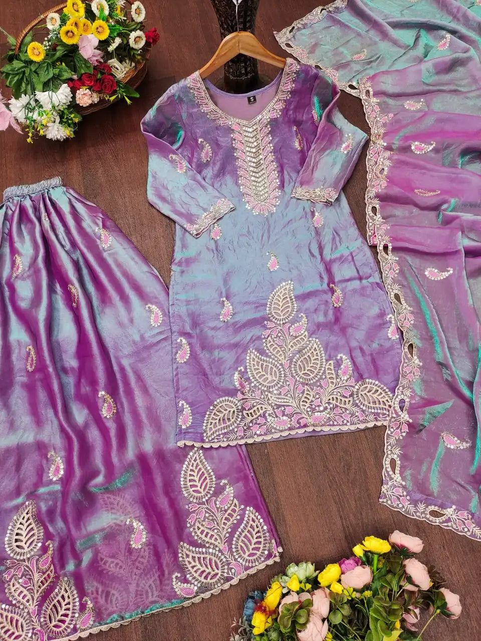 Lavender Sequins Embroidered Suit Sharara Dupatta KU256 flat lay complete set