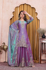 Lavender Sequins Embroidered Pakistani Suit KU256 model side pose with dupatta