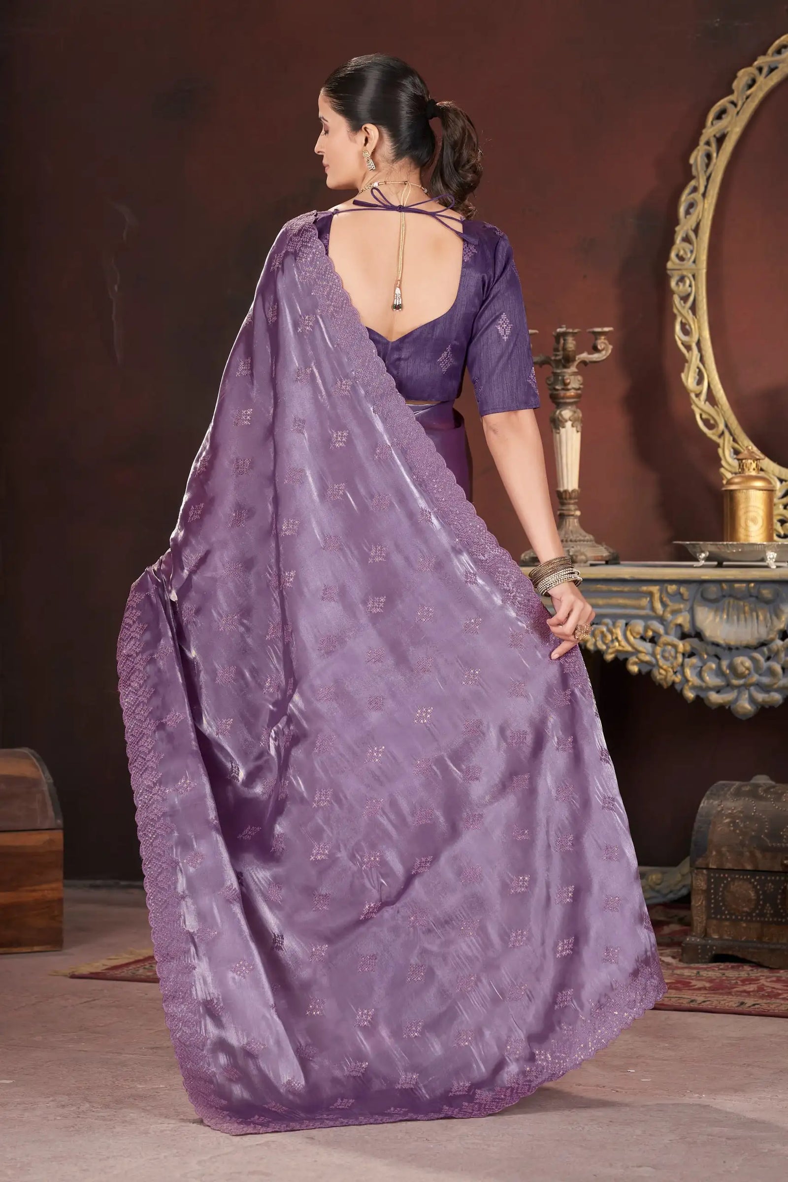 Lavender Sequins Saree back pallu view – KS377