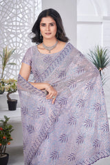 Lavender Thread Embroidered Saree Wedding | Tissue Net | KS389 | Kalyanja
