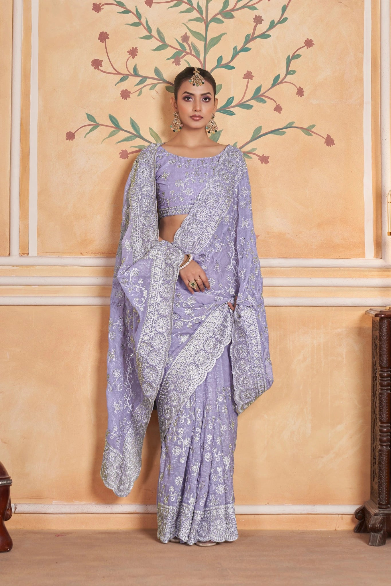 Lavender Zari Thread Embroidered Saree Party Wear | Gold Crunchy | KS393 | Kalyanja