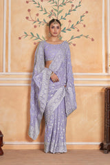 Lavender Zari Thread Embroidered Saree Party Wear | Gold Crunchy | KS393 | Kalyanja