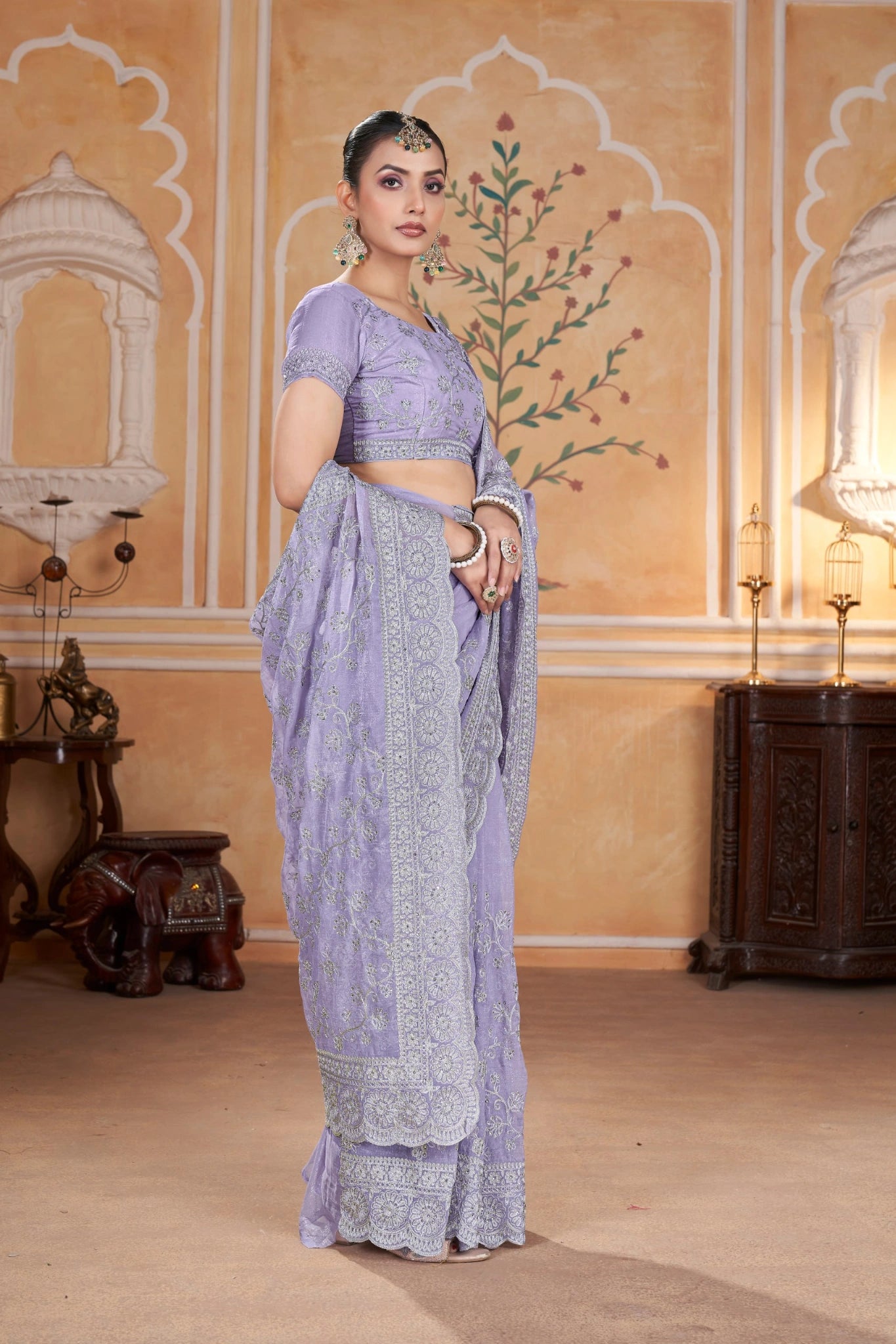 Lavender Zari Thread Embroidered Saree Side View | Gold Crunchy | KS393 | Kalyanja