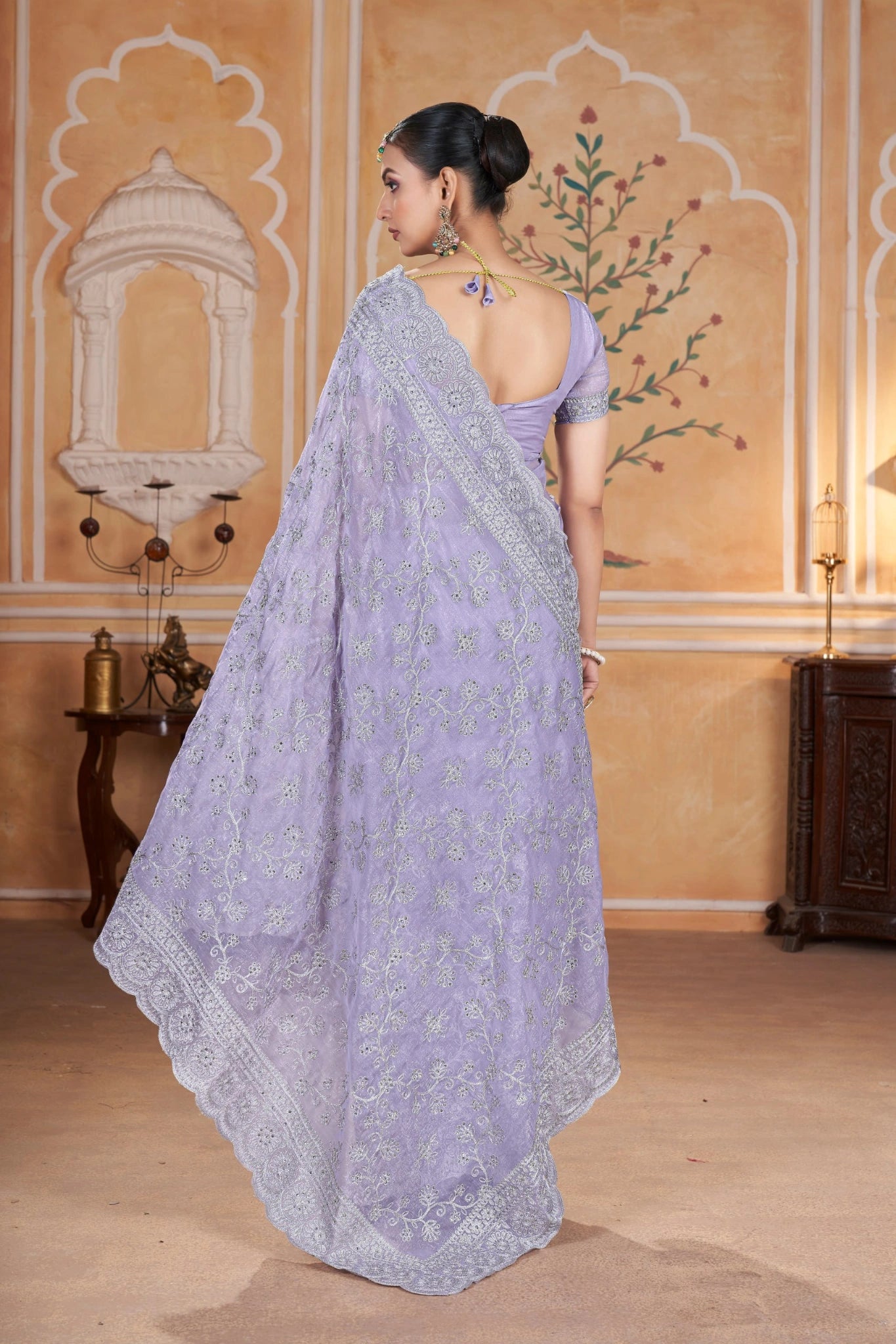 Lavender Zari Thread Embroidered Saree Back View | Gold Crunchy | KS393 | Kalyanja