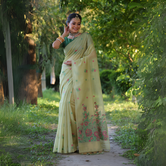 A woman models an elegant light Pista Green Soft Muga Cotton Saree with scattered pink and red floral Resham weaving. The pallu features an elaborate panel of multi-colored floral weaving/print. She wears a contrasting deep green blouse, white stone/Kundan jewelry, and white and orange bangles, posing outdoors.