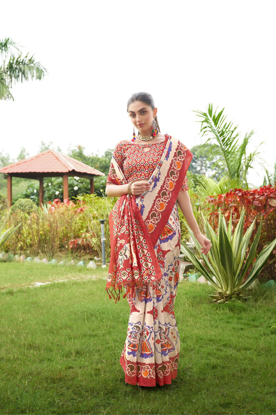 Light Beige Patola Print Soft Tussar Silk Saree - kalyanja