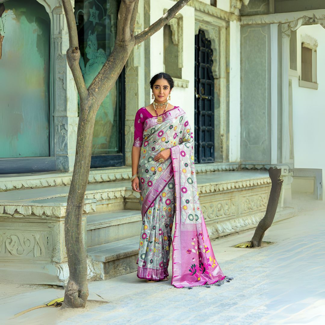 Light Gray Zari Work Soft Banarasi Silk Saree - kalyanja