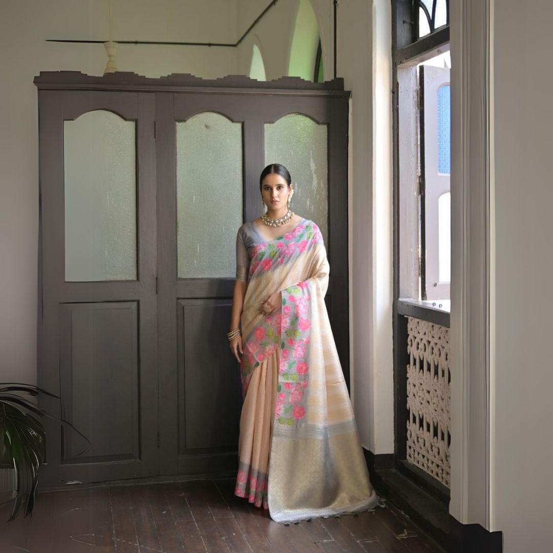 Light Gray Zari Work Soft Silk Saree