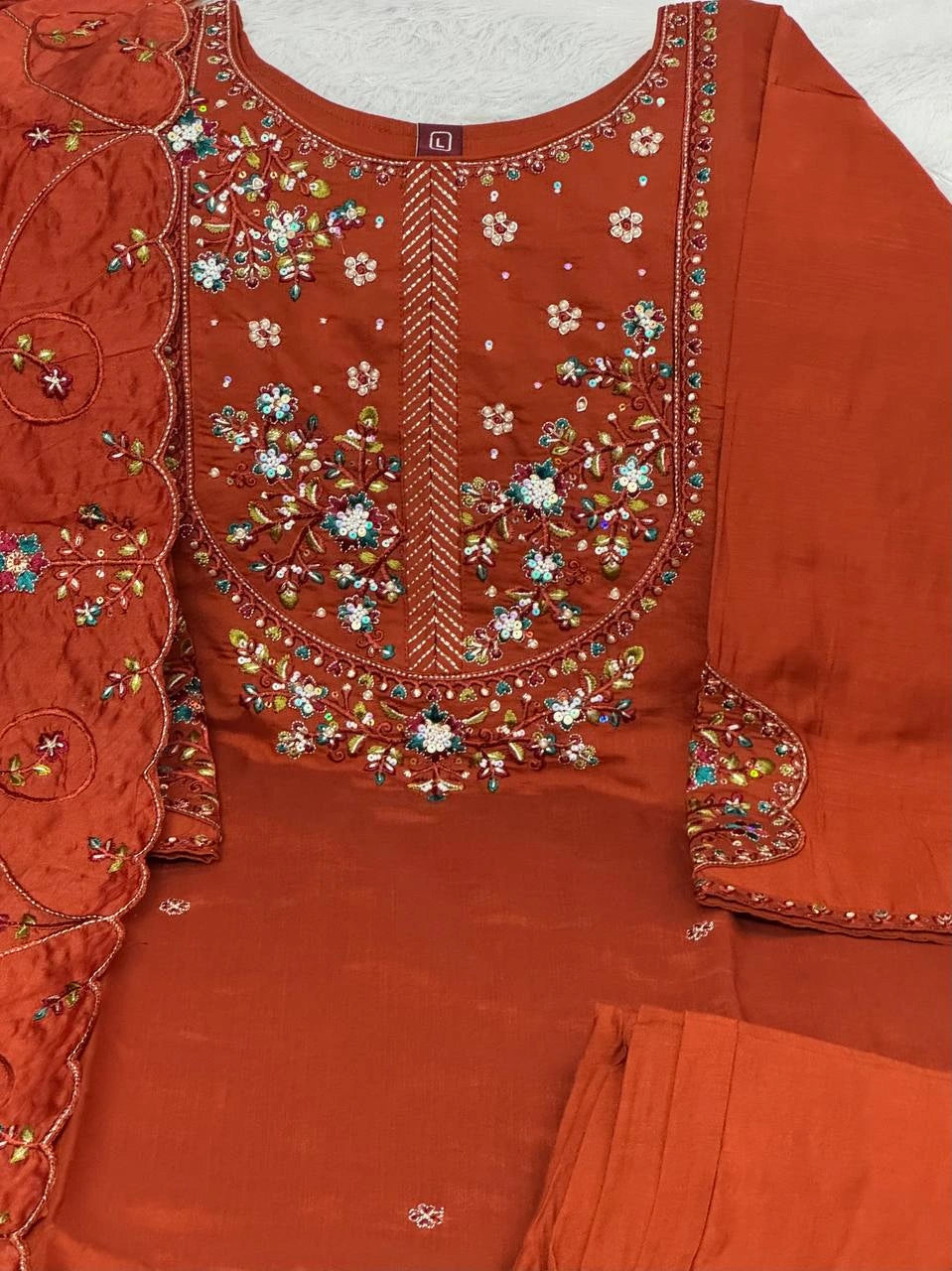 Light Orange Multi Thread Embroidered Kurti Marina Silk Blend KK110 - Flat Lay Set