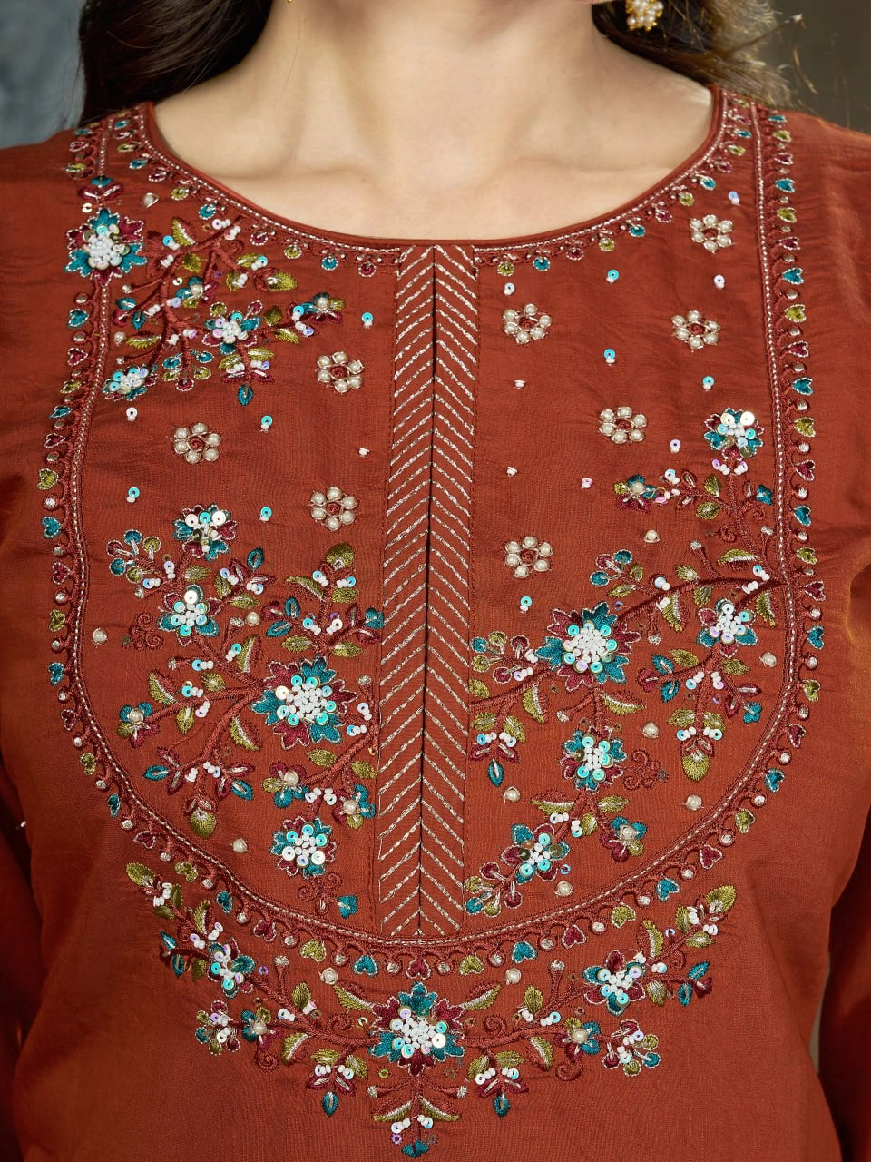 Light Orange Multi Thread Embroidered Kurti Marina Silk Blend KK110 - Front Full Length