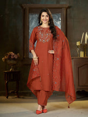 Light Orange Multi Thread Embroidered Kurti Marina Silk Blend KK110 - Upper Body with Dupatta