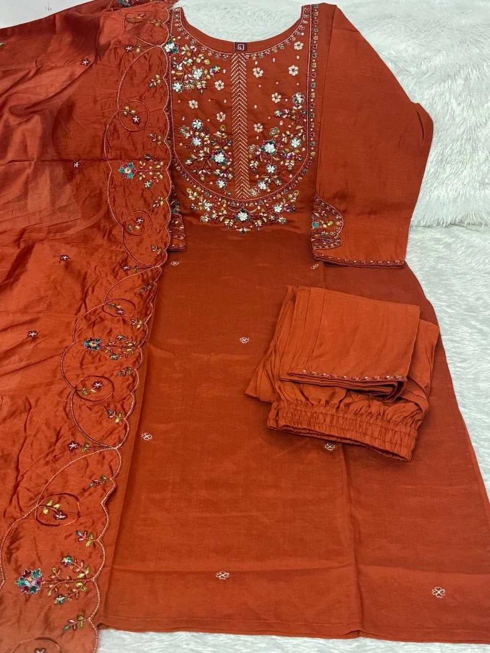 Light Orange Multi Thread Embroidered Kurti Marina Silk Blend KK110 - Pant Detail