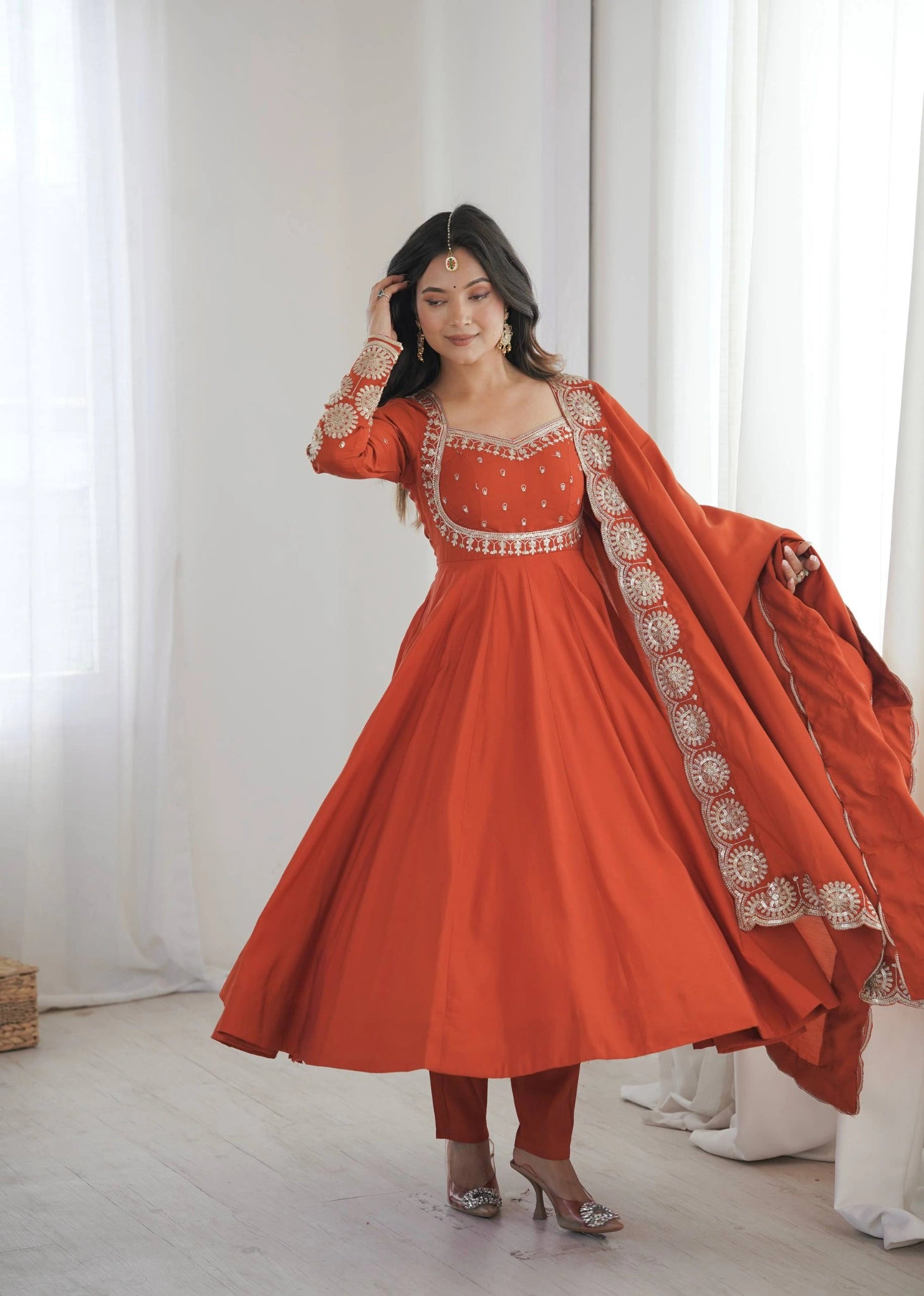 Light Orange Sequins Suit Sleeve Embroidery KU274 Kalyanja