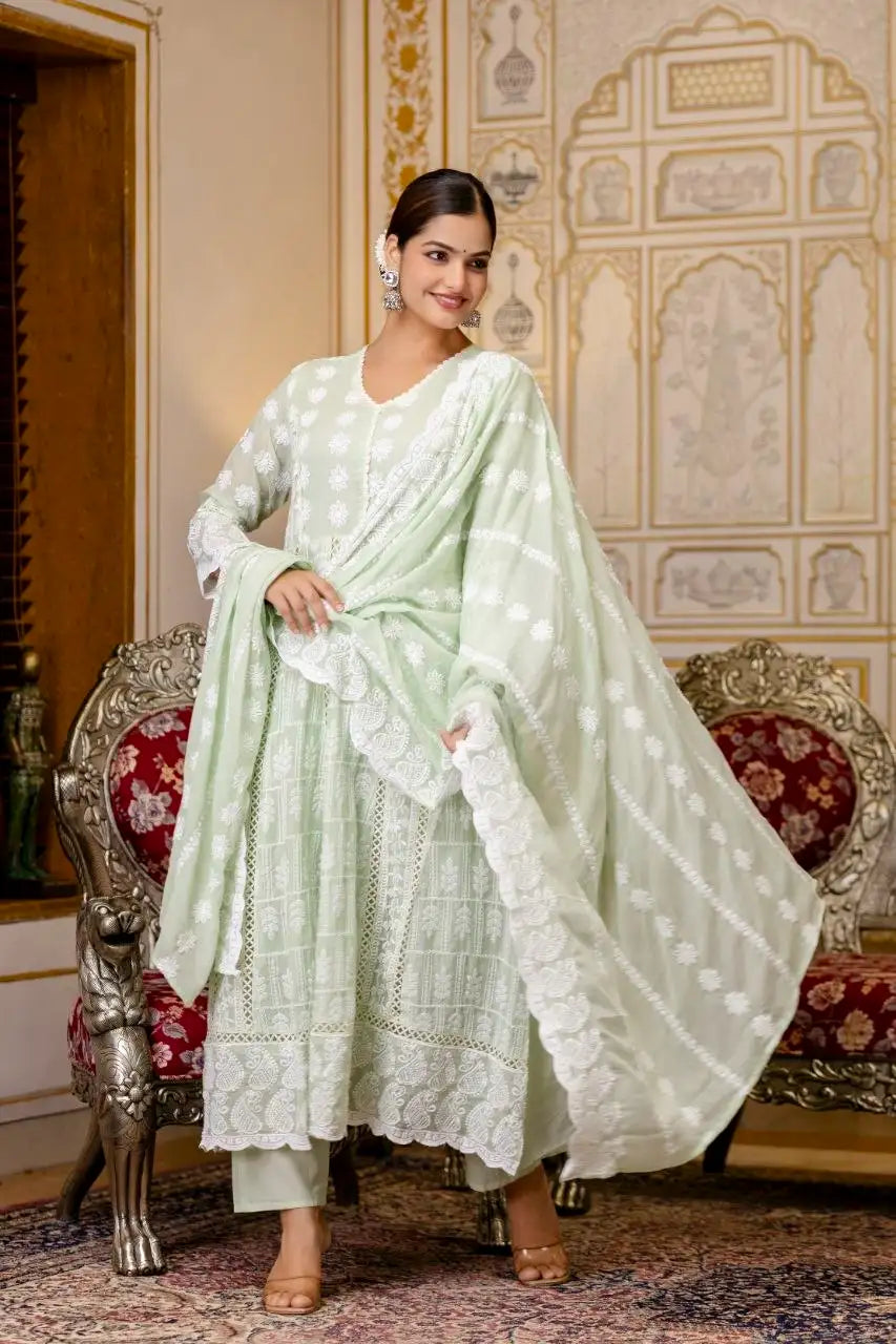 Light Pastel Green Lakhnowi Suit Embroidered Border Dupatta – KU261