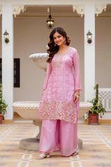 Light Pink Beads Work Suit 3/4 Angle View – Round Neck, Full Sleeve
