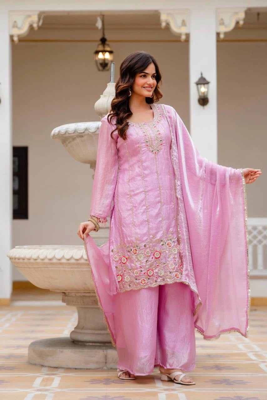 Light Pink Beads Work Suit – Full Length Standing View with Dupatta