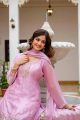 Light Pink Beads Work Suit – Angled View Showing Bead Detailing on Yoke