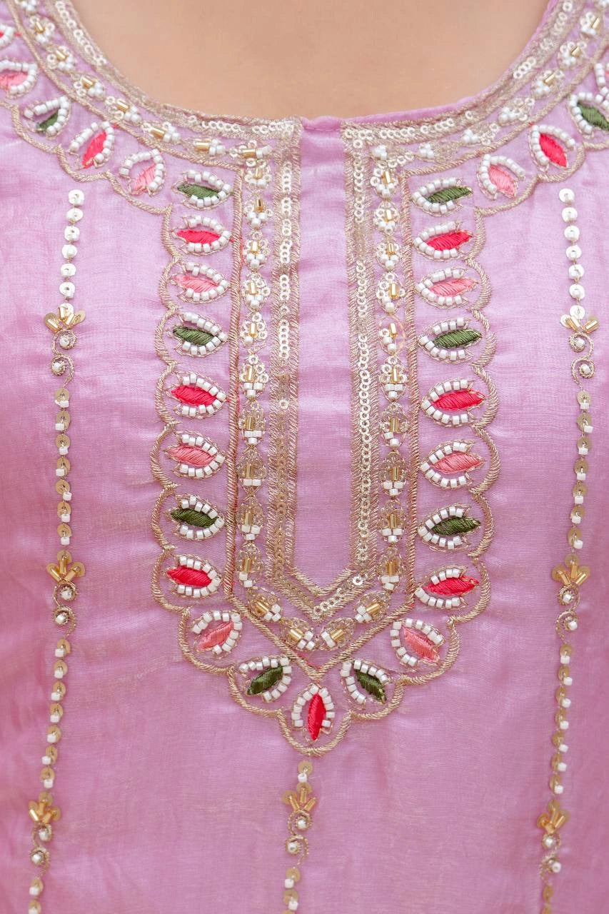 Light Pink Beads Work Suit – Dupatta Styling with Embroidered Border