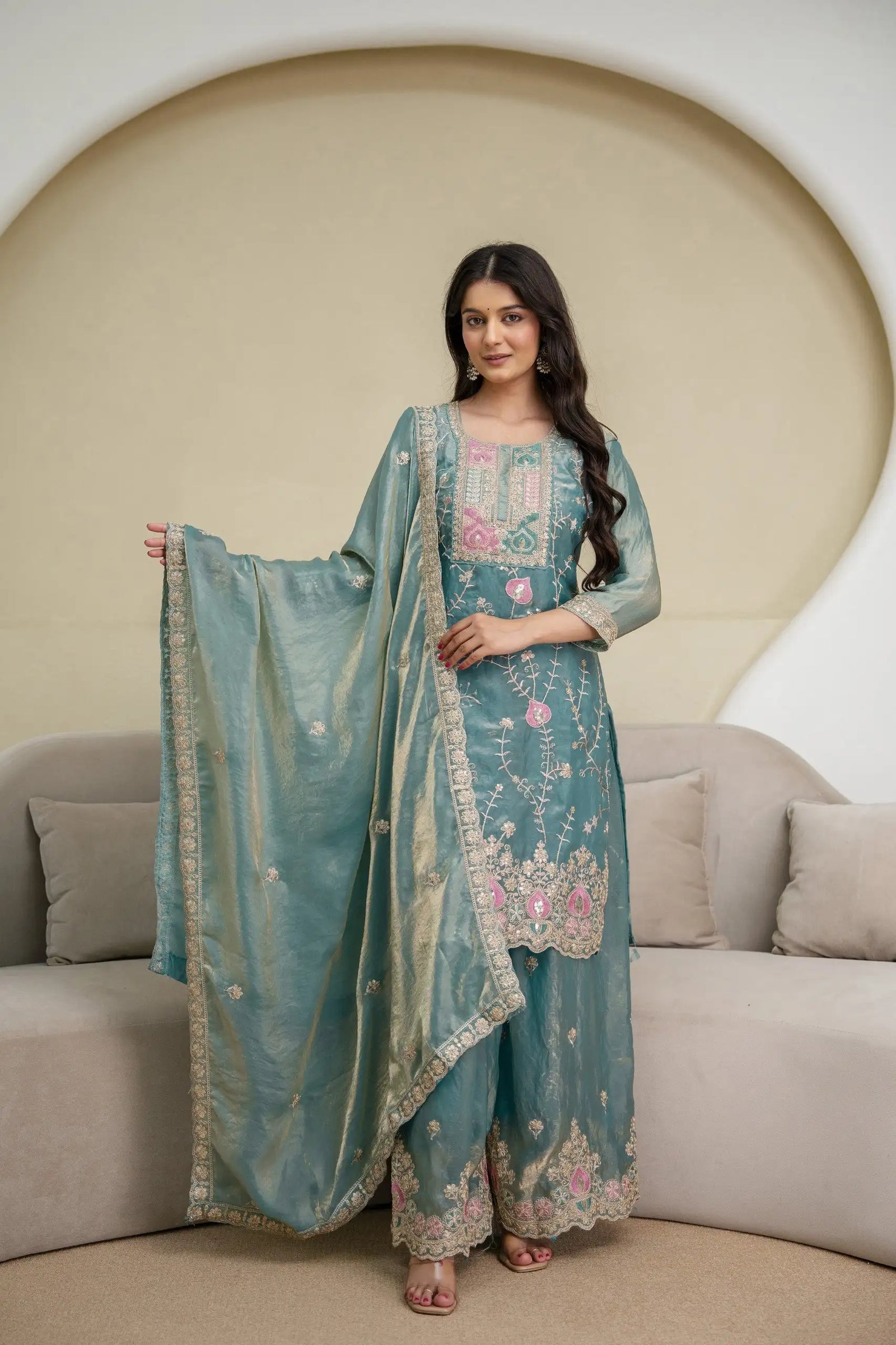 Light Sea Green Fendy Silk Blend Suit KU253 standing model front shot