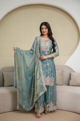 Light Sea Green Fendy Silk Blend Suit KU253 standing model front shot