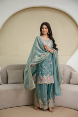 Light Sea Green Sequins Embroidered Suit KU253 side pose