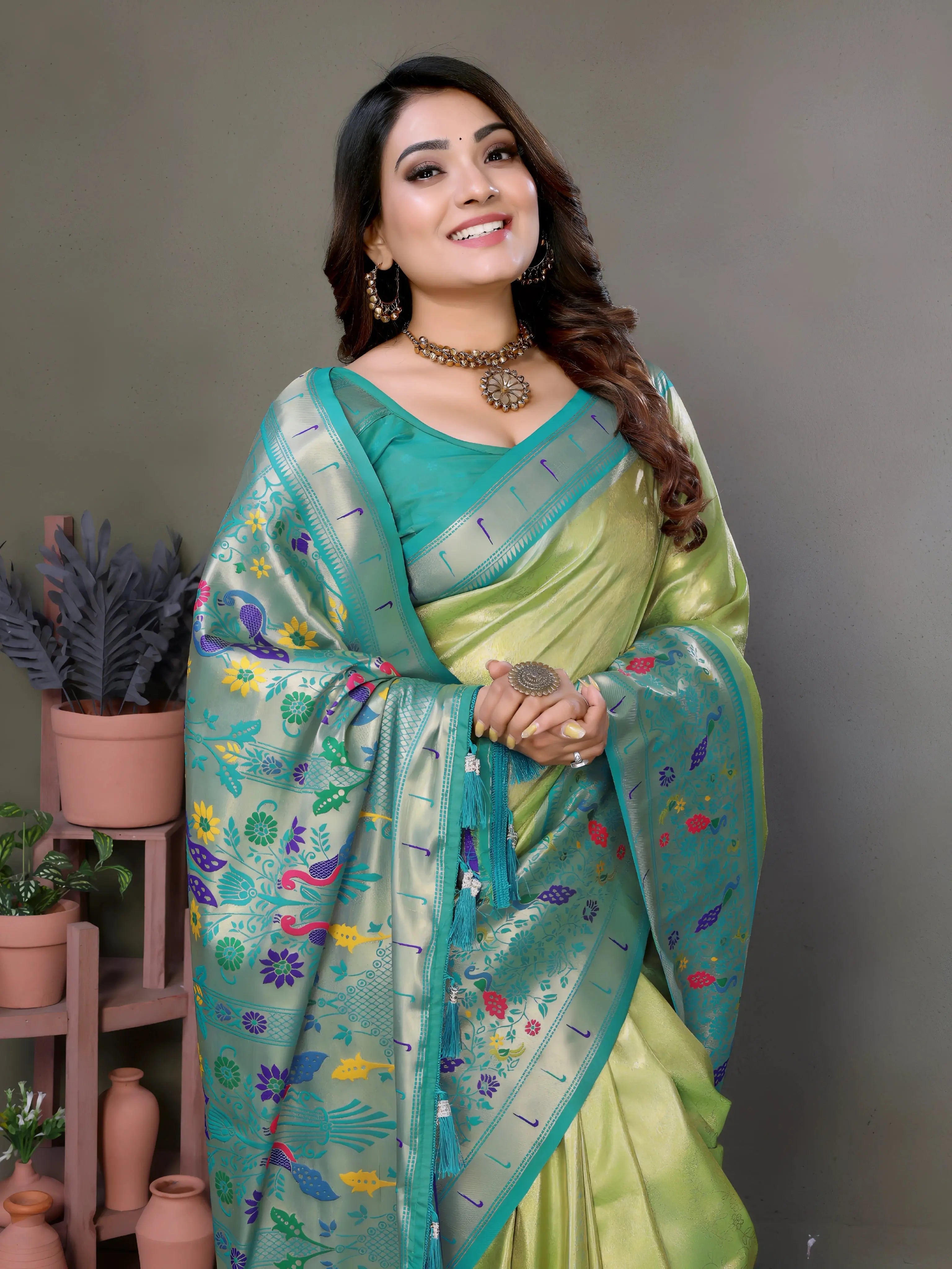 Pista Green Paithani Woven Banarasi Tissue Silk Saree