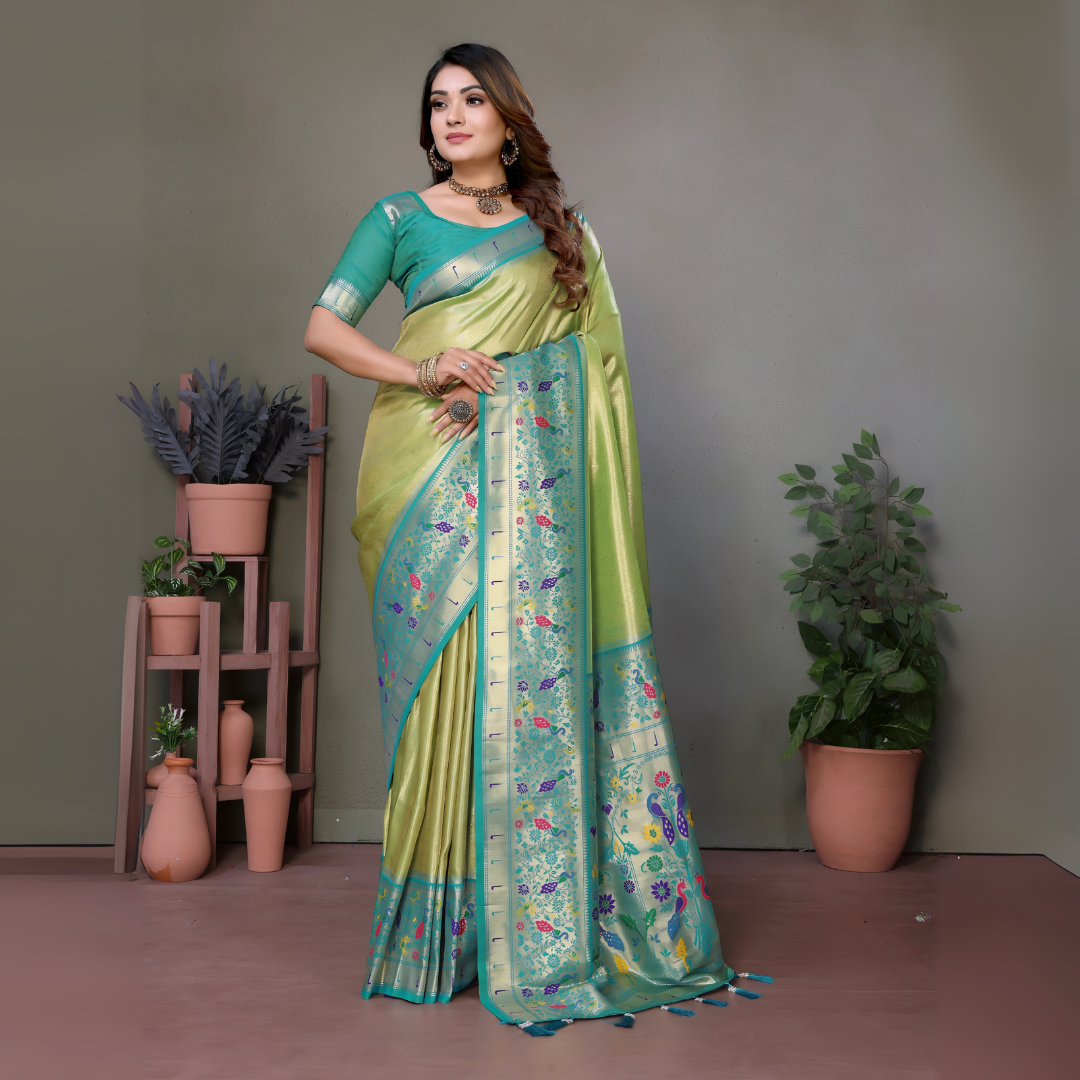 Pista Green Paithani Woven Banarasi Tissue Silk Saree