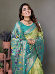 Pista Green Paithani Woven Banarasi Tissue Silk Saree
