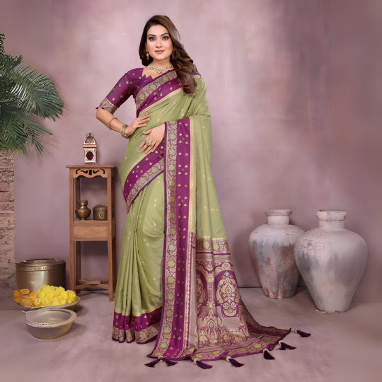 Light Pista Zari Woven Kalamkari Silk Saree
