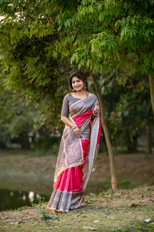 Dark Pink Madhubani Print Soft Tusar Silk Saree