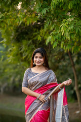 Dark Pink Madhubani Print Soft Tusar Silk Saree