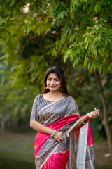 Dark Pink Madhubani Print Soft Tusar Silk Saree
